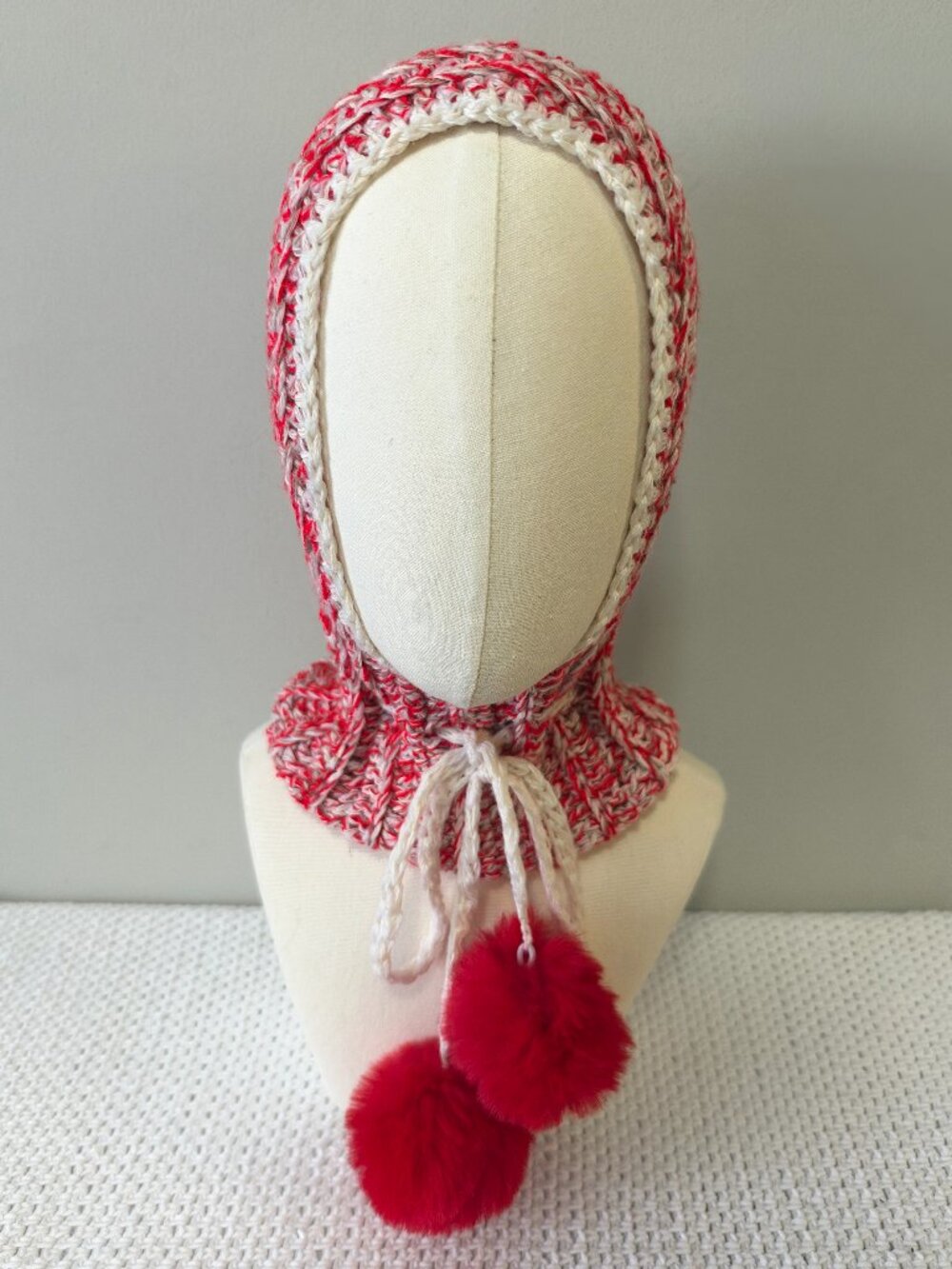 Handmade Crochet Red White Taupe Balaclava Pompom Tassle Hood